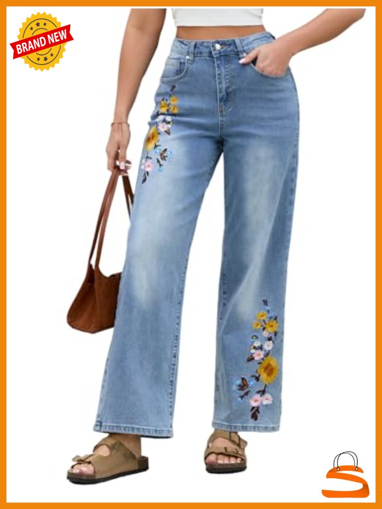 High Waist Embroidered Floral Wide Leg Straight Jeans Denim Pants